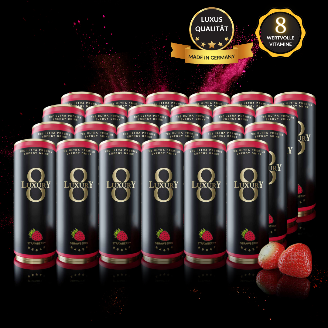100% purer Erdbeer-Genuss!   Der LUXURY 8 Energydrink Strawberry schmeckt nach frisch gepflückten Erdbeeren. Diese werden mit kristallklarem Vulkanwasser aufgegossen. Für den Energie-Kick sorgen 80 mg Koffein und 8 wertvolle Vitamine!